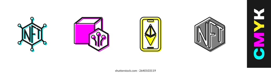 Set NFT blockchain technology, Digital crypto art, Ethereum ETH and  icon. Vector