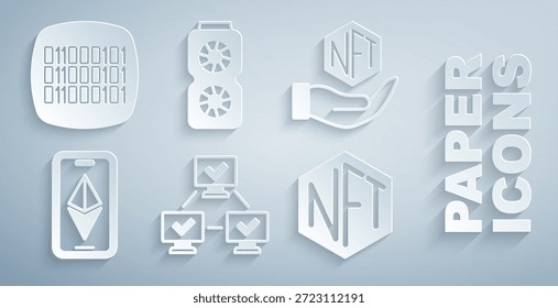 Set NFT Blockchain-Technologie, Digital Crypto Art, Ethereum ETH, Video-Grafikkarte und Binärkode-Symbol. Vektorgrafik