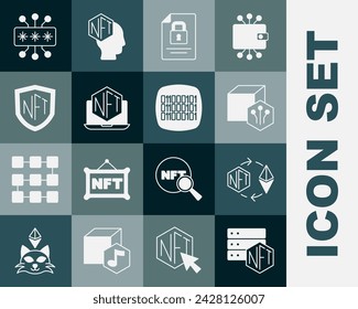 Set NFT blockchain technology, Ethereum exchange, Digital crypto art, Document and, Laptop with store app, shield, Cyber security and Binary code icon. Vector