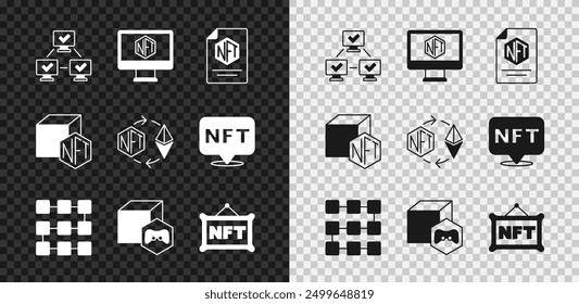 Set NFT blockchain technology, Monitor with art store app, contract, Digital crypto,  and Ethereum exchange icon. Vector