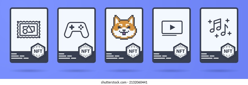 Set of NFT cards with crypto objects of art, sports, music, video, games items. Online NFT collectibles market in trendy modern colors.