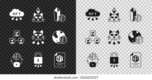 Set NFT cloud, Digital crypto art, Cyber security, contract, blockchain technology and  icon. Vector