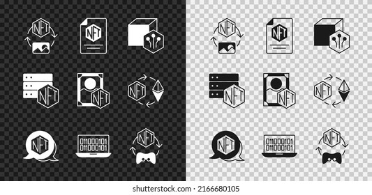 Set NFT Digital crypto art, contract, Binary code, blockchain technology and  icon. Vector