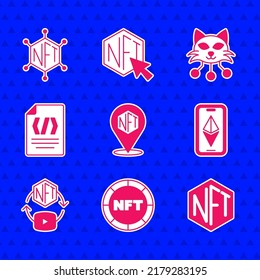 Set NFT Digital crypto art, Ethereum ETH, Binary code,  and blockchain technology icon. Vector