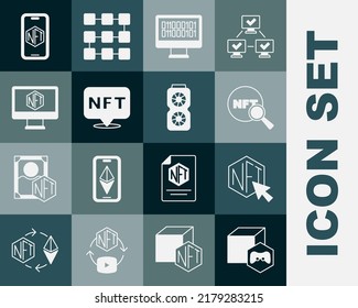 Set NFT Digital crypto art, Search, Binary code, Monitor with store app, Mobile and Video graphic card icon. Vector