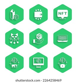 Set NFT Digital crypto art, Monitor with store app, Binary code,  and  icon. Vector