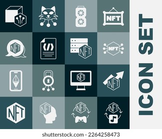 Set NFT Digital crypto art, growth bar chart, Video graphic card, Binary code,  and blockchain technology icon. Vector