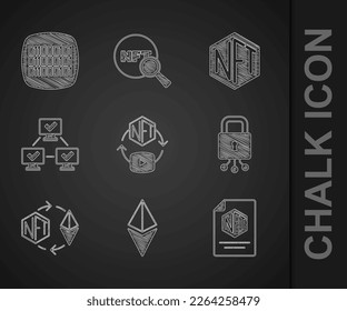 Set NFT Digital crypto art, Ethereum ETH, contract, Cyber security, exchange, blockchain technology,  and Binary code icon. Vector