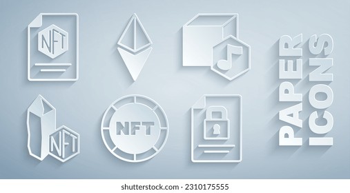 Set NFT Digital crypto art, Document and lock, Ethereum ETH and contract icon. Vector