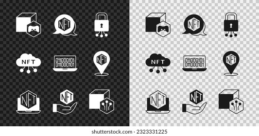 Set NFT Digital crypto art, Cyber security, Laptop with store app, cloud and Binary code icon. Vector