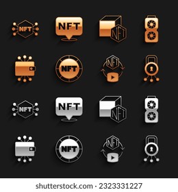 Establece el arte criptográfico digital NFT, la tarjeta gráfica de vídeo, la seguridad cibernética, la cartera de criptodivisa y el icono. Vector