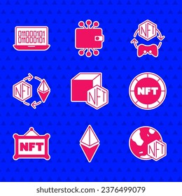 Set NFT Digital crypto art, Ethereum ETH, exchange,  and Binary code icon. Vector