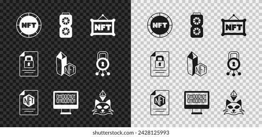 Set NFT Digital crypto art, Video graphic card, contract, Binary code, Document and lock and  icon. Vector