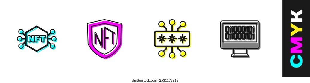 Set NFT Digital crypto art, shield, Cyber security and Binary code icon. Vector