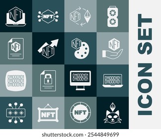 Set NFT Digital crypto art, Binary code, Ethereum exchange, growth bar chart, contract, Laptop with store app and  icon. Vector