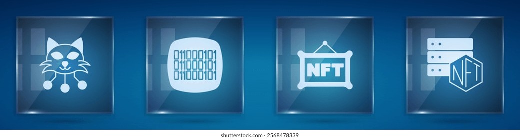 Set NFT Digital crypto art, Binary code,  and blockchain technology. Square glass panels. Vector