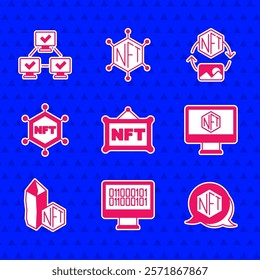 Set NFT Digital crypto art, Binary code, Monitor with store app, blockchain technology,  and  icon. Vector