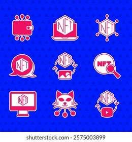 Set NFT Digital crypto art, Search, Monitor with store app, blockchain technology and Cryptocurrency wallet icon. Vector