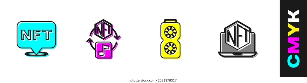 Set NFT Digital crypto art, Video graphic card and Laptop with store app icon. Vector