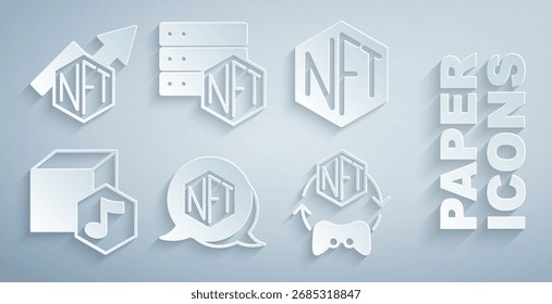 Set NFT Digital crypto art, tecnología blockchain e icono de gráfico de barras de crecimiento. Vector