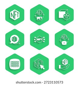 Definir criptografia digital NFT, código binário e ícone. Vetor