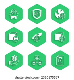 Set NFT growth bar chart, blockchain technology, Document and, Digital crypto,  and  icon. Vector