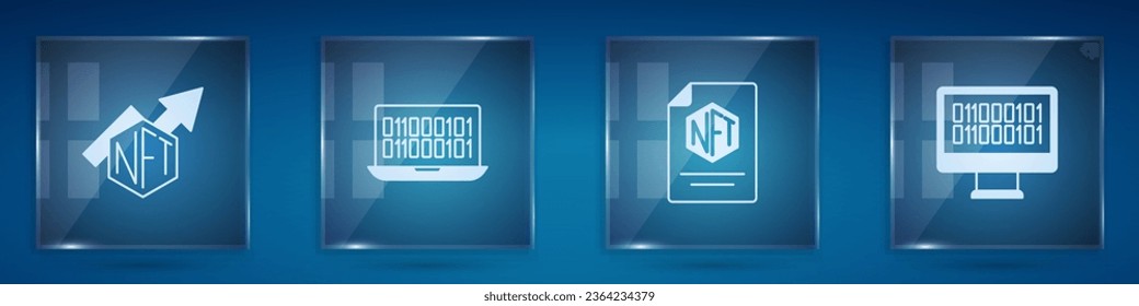 Set NFT growth bar chart, Binary code, contract and . Square glass panels. Vector