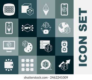 Set NFT growth bar chart, Video graphic card, Digital crypto, Ethereum ETH, Binary code and  icon. Vector