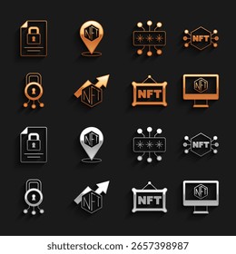 Establezca el gráfico de barras de crecimiento de NFT, criptografía digital, monitor con App de tienda, seguridad cibernética, documento y bloqueo e ícono. Vector