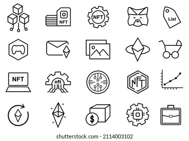 set of NFT icons illustration. Included the icons as Non-fungible token, Blockchain, unique, crypto, currency, and more. isolated on white background