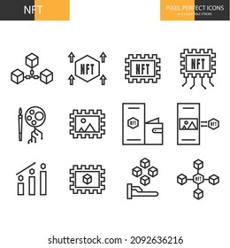 Set of NFT (Non-fungible token) icons. Thin line icons such as blockchain technology, buy and sell NFT art, and cryptocurrency. Editable stroke. Pixel perfect 64x64 For web and mobile.