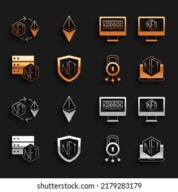 Set NFT shield, Monitor with art store app, Laptop, Cyber security, blockchain technology, Binary code, Ethereum exchange and ETH icon. Vector