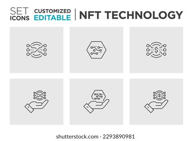 Set of NFT technology, Non-fungible token, Blockchain, unique, crypto, digital Token Vector Icon Design- Editable Stroke