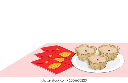 A set of Nian Gao of Chinese new year's cake and red envelope on white background. Vector illustration. 