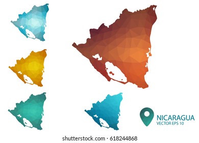 Set of Nicaragua maps. Bright gradient map of country in low poly style. Multicolored country map in geometric style for your infographics. Vector illustration eps 10.