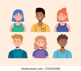 set of nice boys and girls user with casual clothes, vector illustration