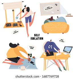 
Set of nice bright flat vector illustrations on the topic of self-isolation. People who find things to do at home.