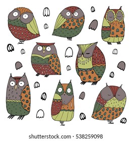 Set of nice cartoon owls with some objects on white background