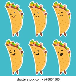 Set of nice emotional taco characters with white outlines on blue background. Cute laugh and sad tacos character for mexican food advertisement