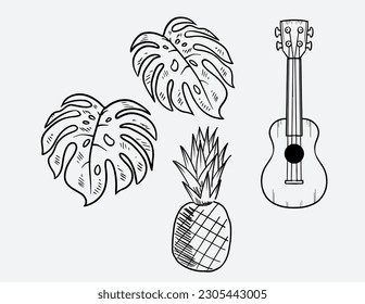 Set of nice flat vector elements of hawaiian culture and people about celebration King Kamehameha Day on white background. Beach bar, summer party in hawaiian-style and happy people in cartoon style.
