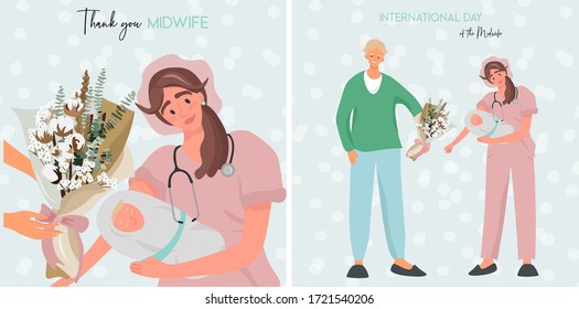 Set of nice flat vector greeting cards for International Day of the Midwife. Illustration with a father who meet his newborn son. A midwife in uniform is holding a newborn baby in her arms. 