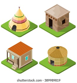 Conjunto de casas nativas isométricas, tribales y cabañas, de aspecto agradable. Ilustración vectorial.