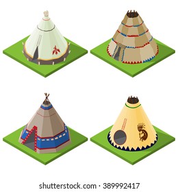 Set of nice looking bright isometric indian wigwams and tents. Vector illustration.