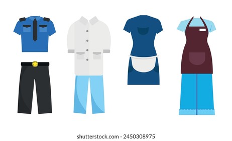 Set of nice professional clothes in cartoon style. Vector illustration of different types of professional costumes: police clothes, doctor, waitress, cook isolated on white background.