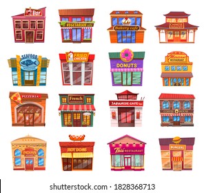 Set of nice shops. Different showcases of shops and catering: pizzeria, restaurant, cafe, bar, coffee house flat vector illustration. Bright facades of catering facilities and grocery stores set