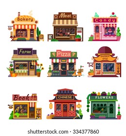 Set of nice shops. Different Showcases: bakery, meat shop, candy store, farm products, 
pizza cafe, coffee, barbershop, bookstore, chinese shop, flower shop. Flat vector illustration stock set. 