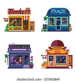 Set Of Nice Shops. Different Showcases: Barbershop, Music Store, Boutique, Books Shop. Flat Vector Illustration Stock Set.