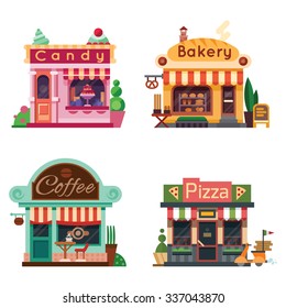 Set of nice shops. Different Showcases: bakery, candy store, pizza cafe, coffee. Flat vector illustration stock set.