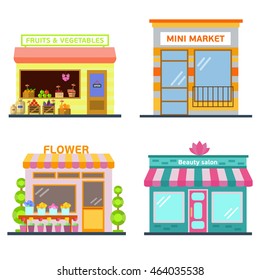 Set of nice shops. Different Showcases: flower, fruit and vegetable store, mini market, beauty salon. Flat vector illustration stock set.