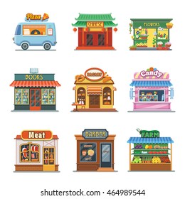 Set of nice showcases of shops. Pizza trailer, bakery, candy store, farm products, barbershop, meat shop, bookstore, chinese food, flower outlet. Flat vector illustration set.